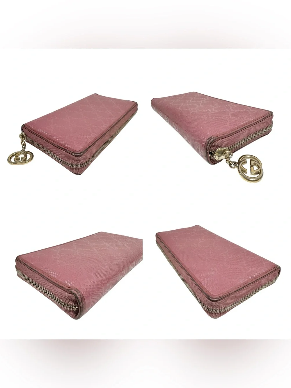 Gucci Pink GG Monogram Leather & Gold Large Zippy Zip Around Wallet